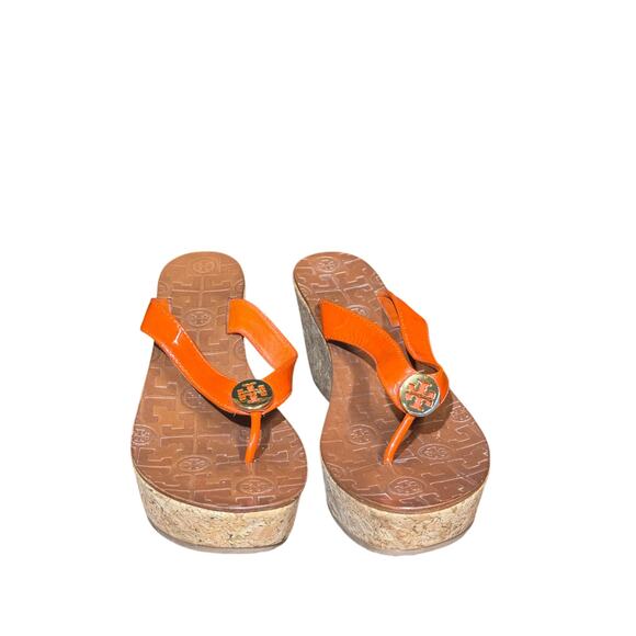 Tory Burch Size  7.5 Orange Suzy Leather Cork Wedge Platform Sandals - Picture 1 of 7